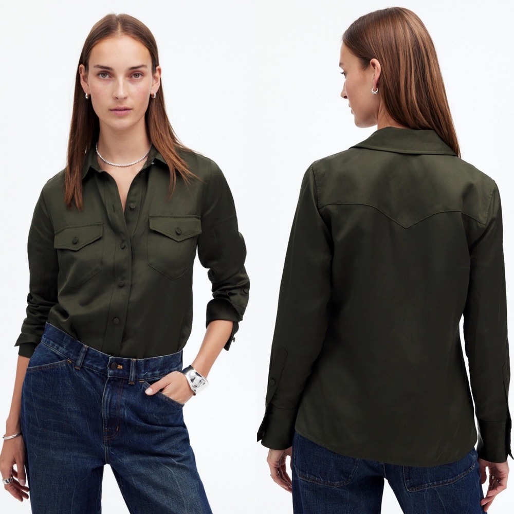 Madewell Mossy Umber Green Western Button Down Linen Blend L/S Shirt 2 NWT